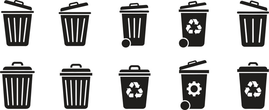 Vector trash can and recycling bin icon set for waste management and environmental design elements