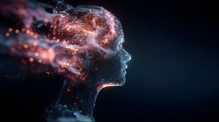 Digital depiction of a human profile composed of luminous particles and energy streams against a dark background