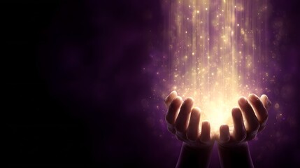 Open hands cupped together capture a radiant cascade of shimmering golden light against a deep violet background
