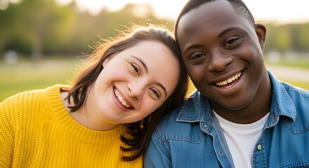 Fototapeta premium Joyful diverse young man and woman with Down Syndrome smiling brightly, showcasing inclusion and acceptance for World Down Syndrome Day concept