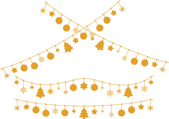 Golden Christmas garland and bunting collection with hanging snowflakes, stars, baubles and pine trees, festive holiday decorative elements vector illustration on white