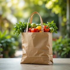 Brown paper bag filled with colorful fresh vegetables on table