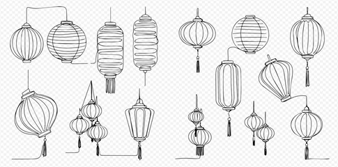 Set of hand-drawn Chinese and Japanese paper lanterns in various shapes and styles, perfect for cultural celebrations and decorations. © Lunara Arts
