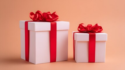 Two gift boxes with red ribbons on a beige background.