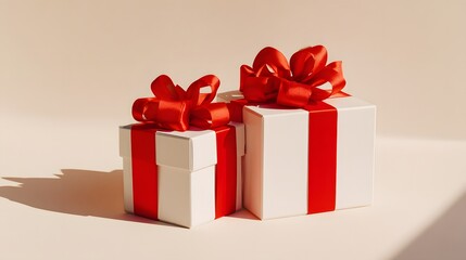 Gift boxes with red ribbons on a white background. Copy space.