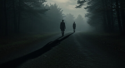 Fototapeta premium Figures Walking on Dark Misty Forest Road