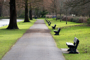 Seats lined up along the water in Warminster pleasure grounds, shallow depth of field