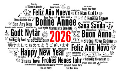 Happy New Year 2026 word cloud in different languages