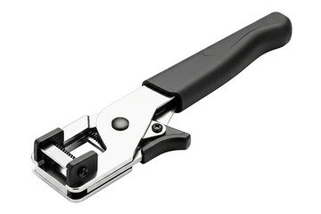Manual metal cable tie tensioning tool with black plastic grip isolated on a transparent background