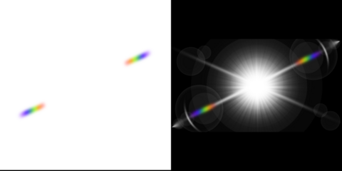 Abstract lens flare effect with chromatic aberration on white and black backgrounds isolated on transparent background