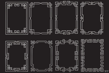 Simple Chinese silver geometric frames are isolated on black background. Luxury stainless steel borders for invitations, luxury templates, and decorative patterns. 3D vector illustration.