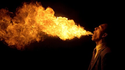 Performer exhales massive plume of intense fire against a dark backdrop