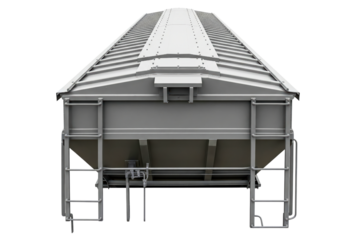 Grey steel railway hopper car freight container structure isolated on a transparent background
