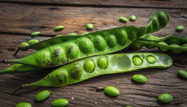 Fresh green petai beans on rustic wooden surface