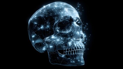 Digital representation of a human cranium glows with internal network light against a dark background