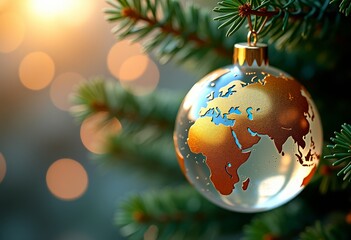 A golden Christmas ball in the shape of a rotating globe on a fir branch. Bokeh effect, space for text. Postcard