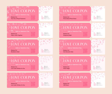 Vector set of pink love coupons for Valentine&rsquo;s Day with romantic text inscriptions and thin line icons. Minimal flat design with hearts, crowns, bows, envelopes and handwritten-style details