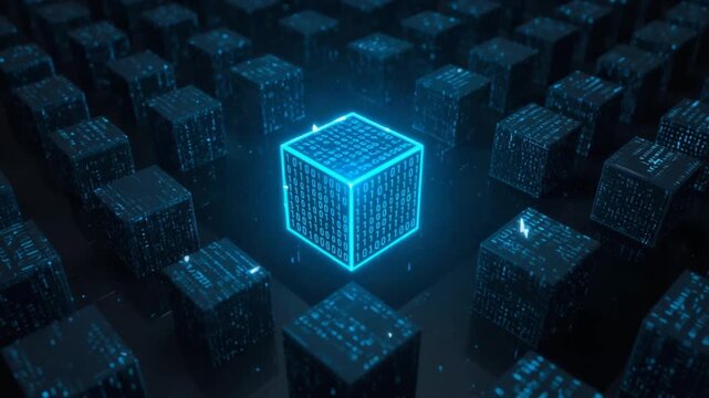 Glowing Blue Cube with Binary Code Surrounded by Dark Cubes technology data