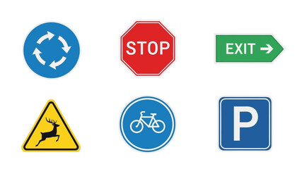 Collection of common road and directional signs on a white background