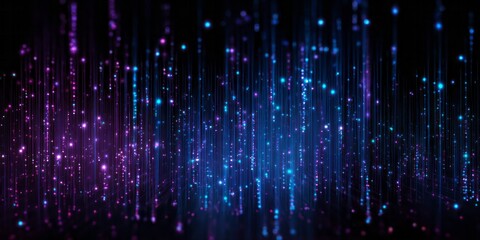 Bright digital particles stream downwards against a dark background in magenta and cyan hues