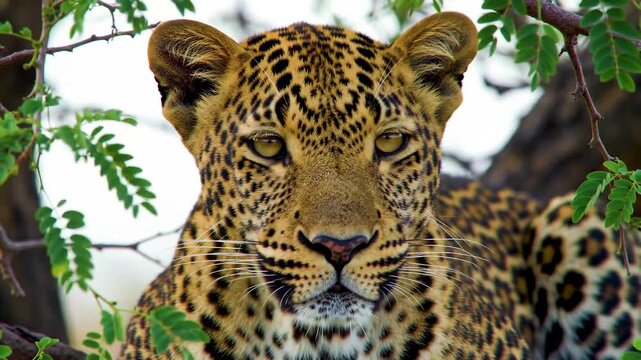 Leopard portrait resting in tree with green leaves, wildlife, animal