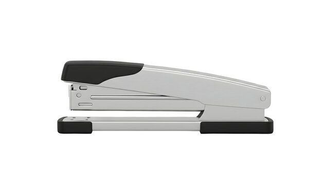 Professional silver metal stapler with black plastic grips and base, shown from a side profile view, ideal for office stationery and business document organization on a transparent background.
