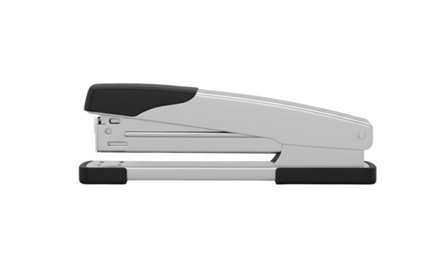 Professional silver metal stapler with black plastic grips and base, shown from a side profile view, ideal for office stationery and business document organization on a transparent background. - Powered by Adobe