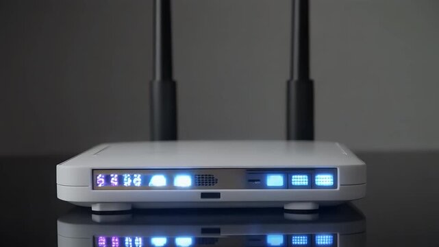 Wireless Router with Antennas and Lights on a Dark Surface.