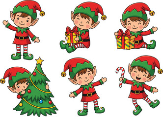 Set of Six Cute Christmas Elves Waving, Holding Gift Boxes, Candy Cane, and Hiding Behind a Pine Tree, Cartoon Vector Illustration.