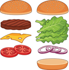 hamburger ingredients, food vector, burger layers, beef patty, cheese slice, tomato, onion, lettuce, sesame bun, culinary design, recipe layout