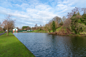 Warminster pleasure grounds, with the former boathouse now a public toilet. Tennis courts and bandstand.