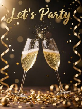 Two champagne glasses clink together amidst sparkling confetti, creating a festive atmosphere with the text "Let's Party" above.