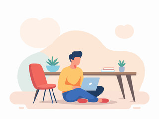Fototapeta premium Freelancer Working on Laptop Sitting on Floor in Home Office