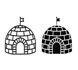 A simple black and white illustration depicting two igloos with flags showcasing traditional arctic dwellings and their architectural structure