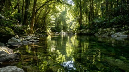 Sunlight filters through dense canopy over a clear stream flowing through a rocky, verdant forest.