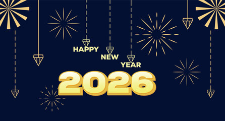 Happy New Year 2026 Luxury Gold Typography with Fireworks on Dark Blue Background