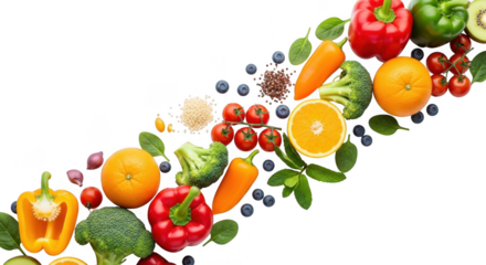 Fresh fruits and vegetables arranged in a diagonal line