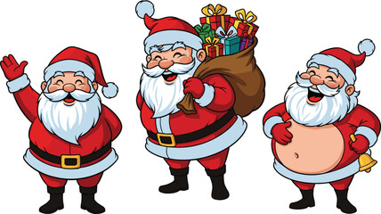 Set of Three Happy Santa Claus Characters Waving, Carrying a Bag of Presents, and Laughing, Cartoon Vector Illustration for Christmas.