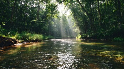 Fototapeta premium Sunlight streams through dense forest canopy onto a winding clear water river surface