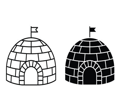 a simple illustration depicting two black and white igloo icons with entrance arches and small flags atop their rounded brick like structures
