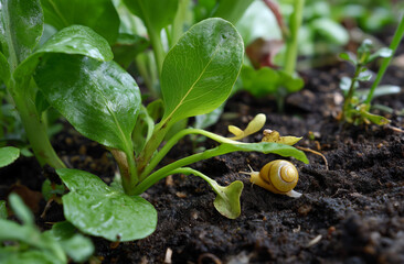Ground is covered with black soil, green leaves, and yellowed seedlings in the garden. Close-up view shows small golden snails crawling around