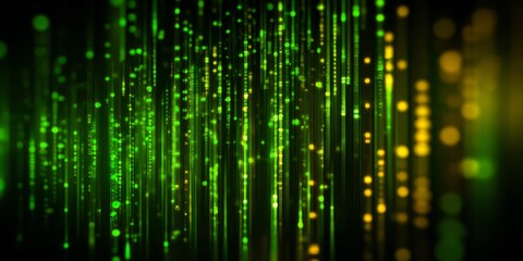 Vertical streams of luminous digital particles flow downward against a dark background with bokeh effects.