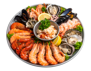 Assorted seafood platter featuring shrimp, oysters, mussels, and lemon slices arranged on a decorative plate