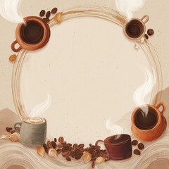 A coffee themed circular frame with cups and coffee beans.