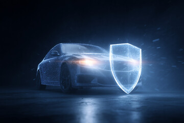 A car protected by a glowing digital shield concept.