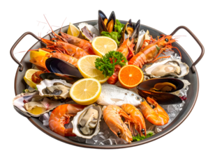 A seafood platter featuring lobster, shrimp, oysters, mussels, lemon, orange, and fresh herbs on a serving tray