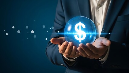 Businessman holding a glowing dollar sign in his palms representing financial growth and wealth management concepts