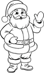 Happy Santa Claus character line art for children coloring book, merry Christmas holiday outline vector illustration, hand drawn black and white festive doodle