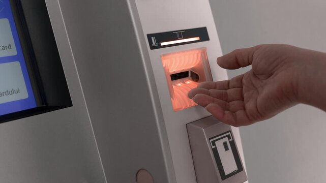 Hand near card slot of self service payment terminal with red warning light and card stuck inside. Concept of card reader malfunction blocked bank card and failed payment. 