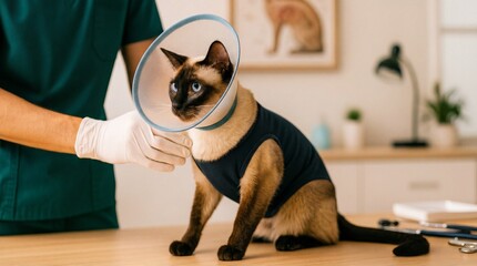 Gloved vet holds cone cat. Siamese cat in recovery suit sits on clinic table, cat faces camera, cone collar signals aftercare, warm light, blurred clinic interior, for worldvetday pet health concept